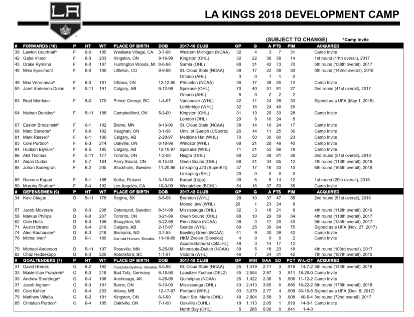 LA Kings 2018 Development camp roster